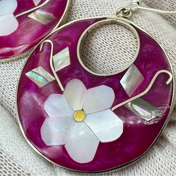 Vintage Taxco Mexico Silver Mother of Pearl Abalone Pink Flower Dangle Earrings - Picture 5 of 9
